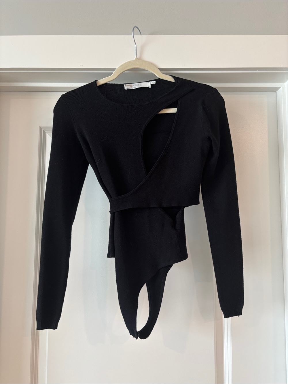 Astr Black Asymmetric Cutout Bodysuit Top